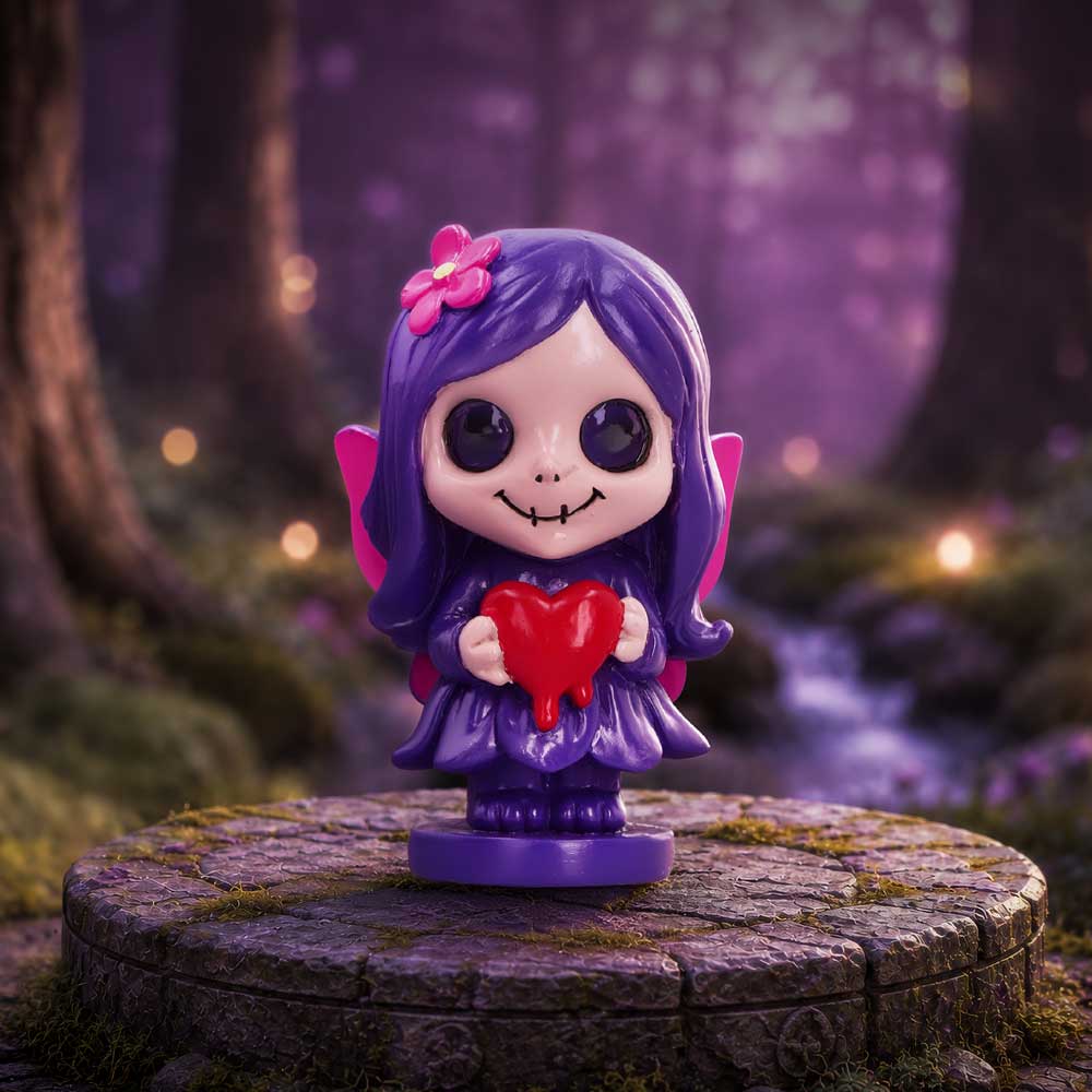 Spirit Fairy Mirella figurine with purple-hair, pink wings and a flower in her hair, holding a red heart displayed as a gothic fairy collectible