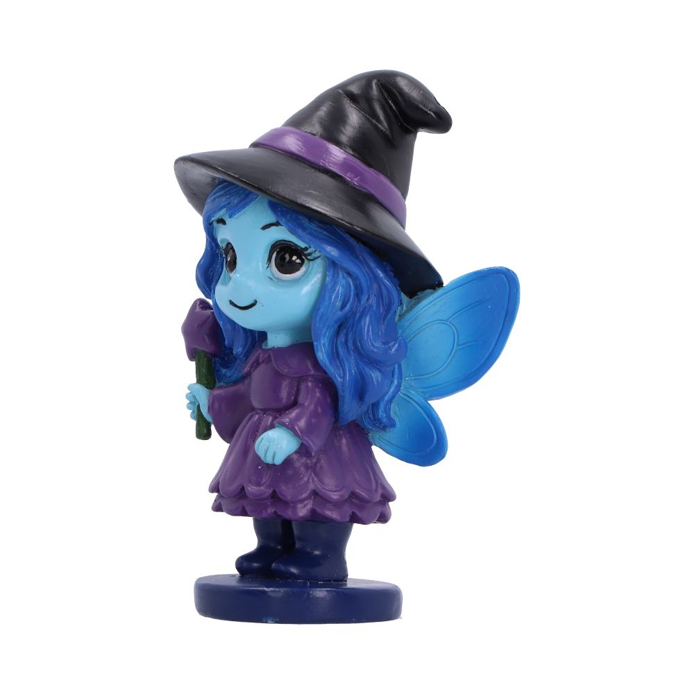 Side view of Spirit Fairy Hex with a black witch hat, purple dress, and blue wings, standing on a round dark blue base