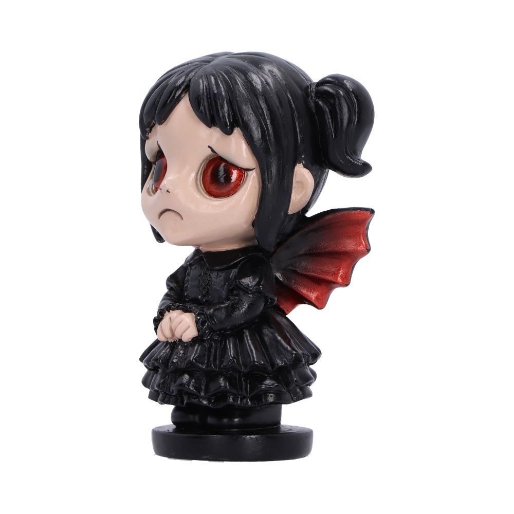 Side view of Spirit Fairy Mortina gothic fairy figurine with black hair, red eyes, a black dress, and red wings, standing on a black base