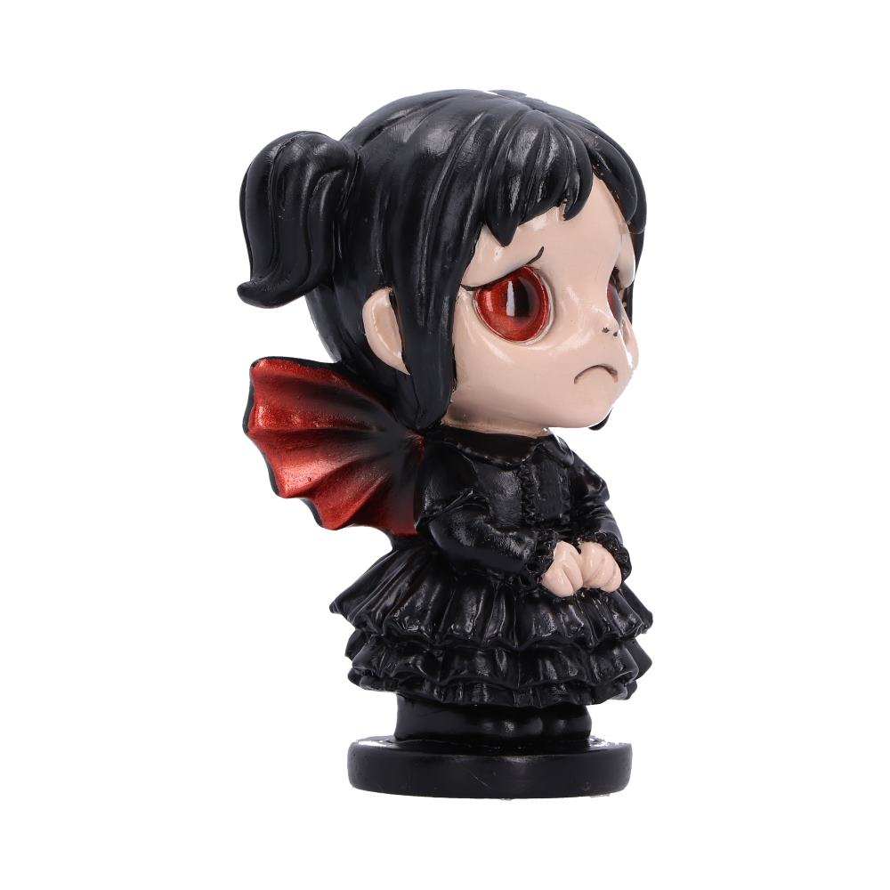 Hand-painted Spirit Fairy Mortina, gothic fairy figurine with black hair, wearing a black ruffled dress and a red wing, standing on a black base 