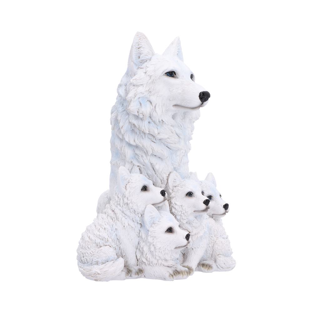 Snow-white mother wolf and cubs huddled together in Arctic Bond figurine