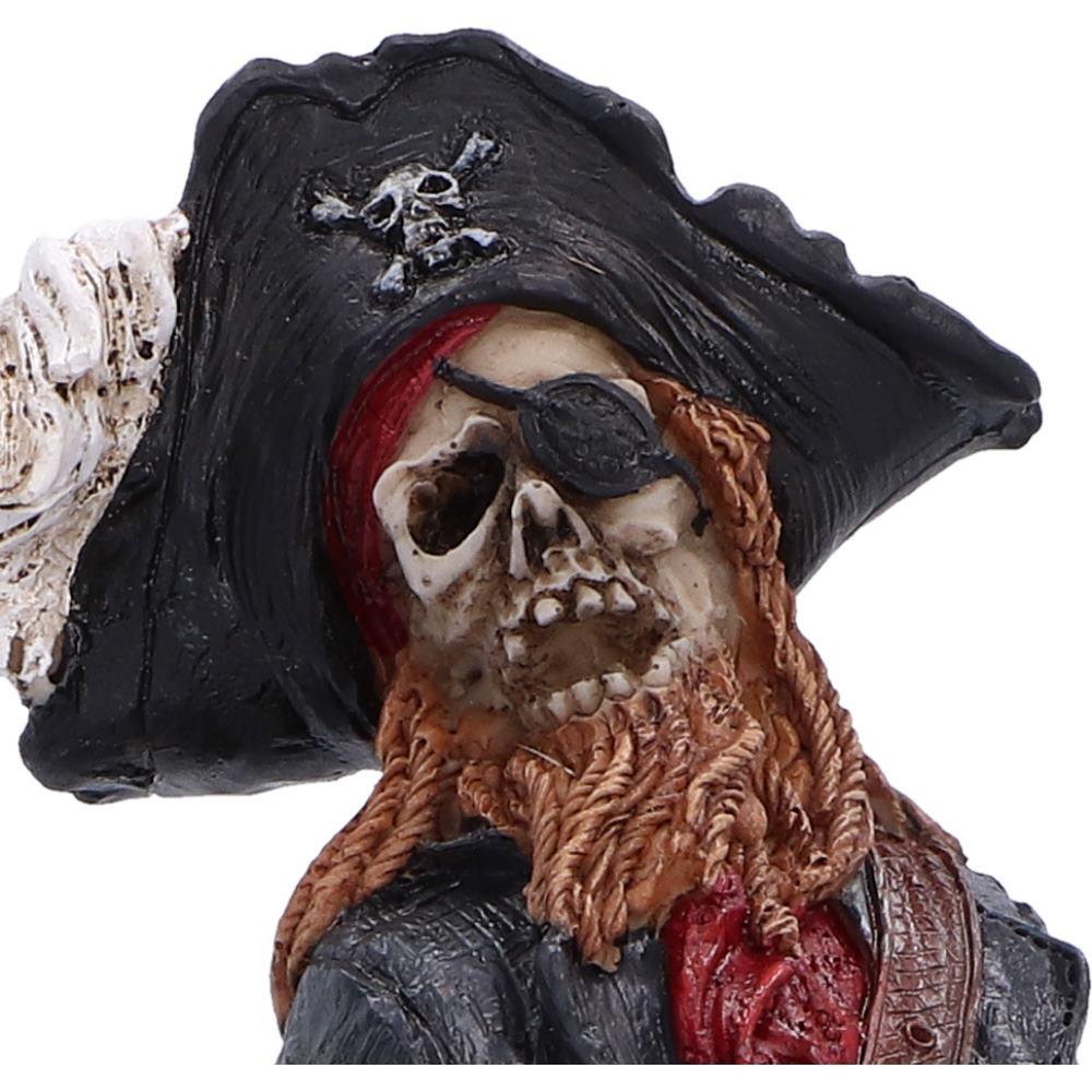 Close-up of the Phantom Pirate King’s skeletal face, black hat and beard