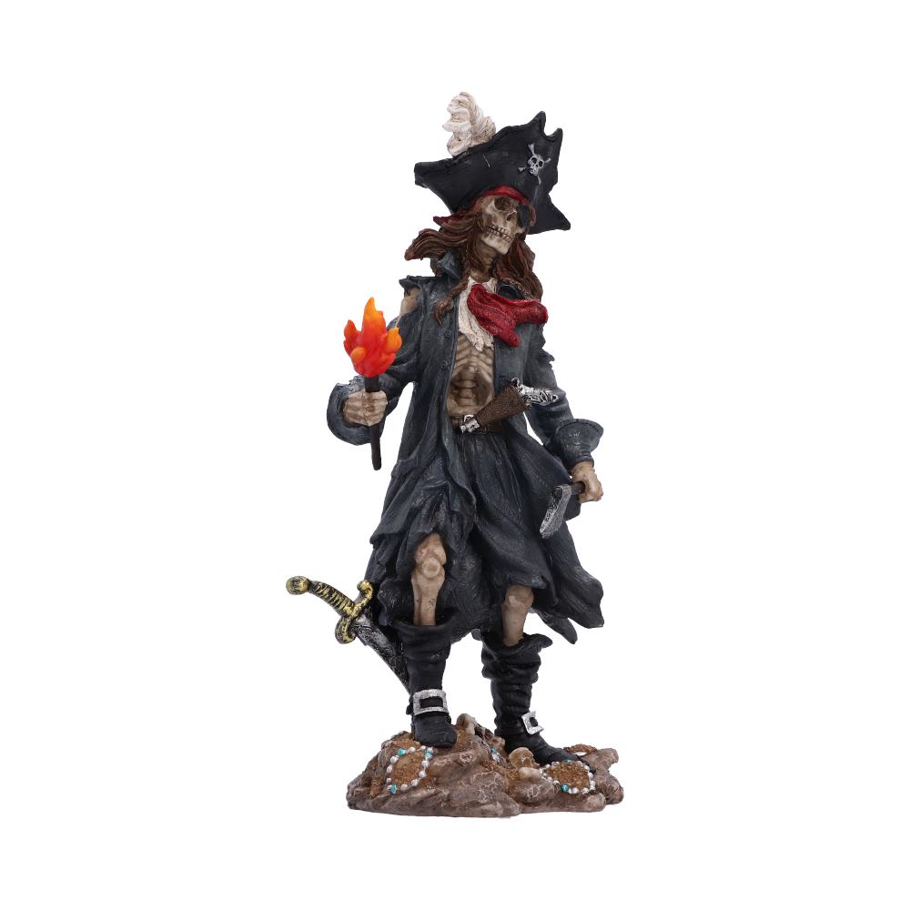Cursed Captain skeletal a detailed pirate figurine featuring a skeletal character in a black coat and hat with a red scarf, holding a flaming torch, standing on a rocky base