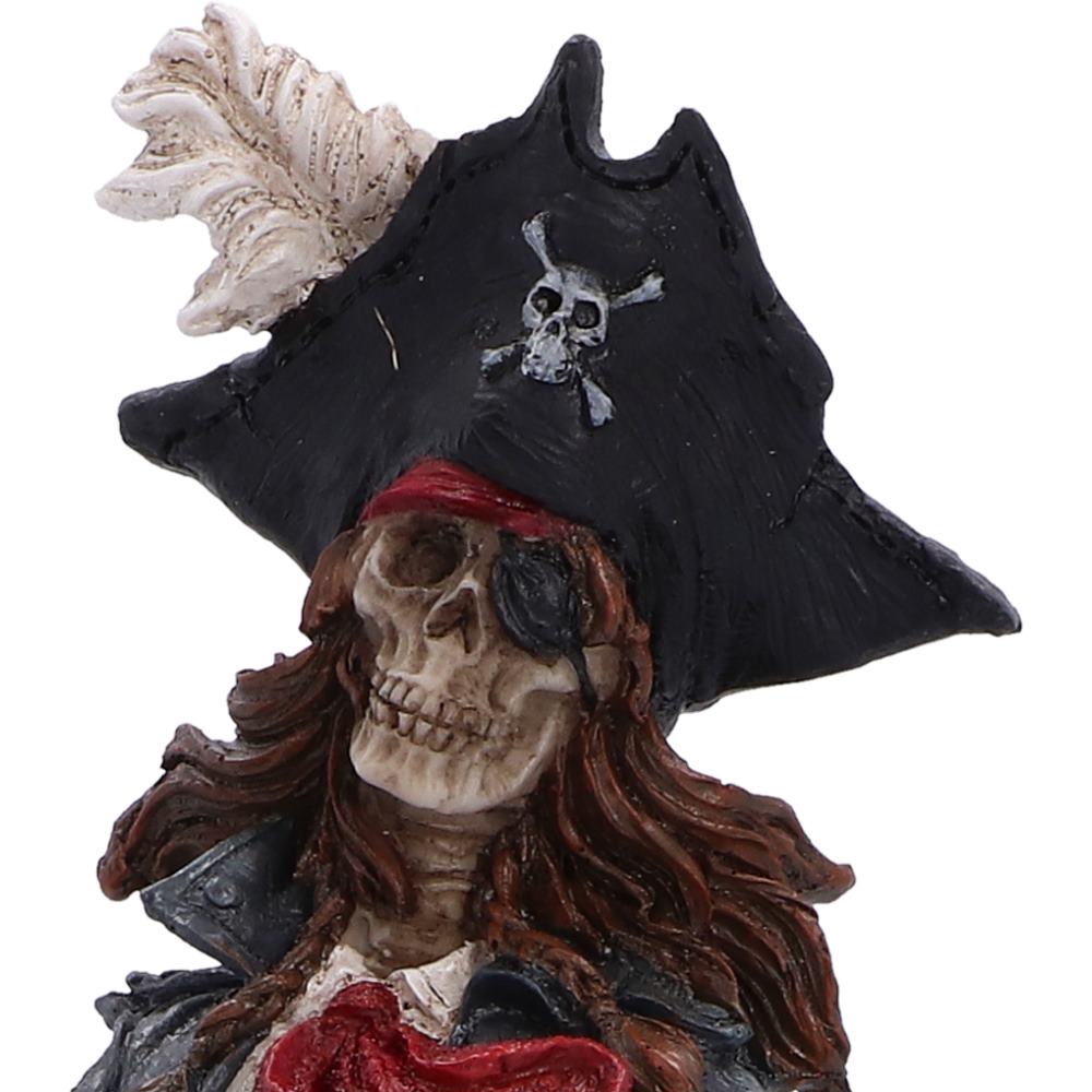 Close-up of the Cursed Captain’s skeletal face, black hat and long brown hair