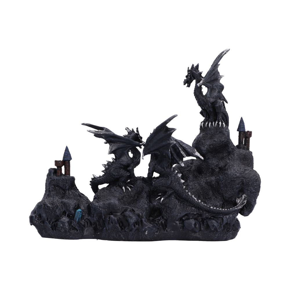 Rear view of the Midnight Geode Guardians dragon figurine showing detailed sculpting and rocky base