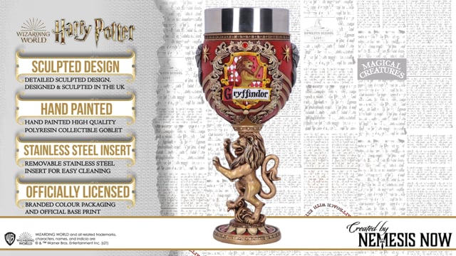 Harry Potter Gryffindor Collectible Goblet video showcasing the Gryffindor crest, lion emblem, removable stainless steel insert, and hand-painted resin craftsmanship.