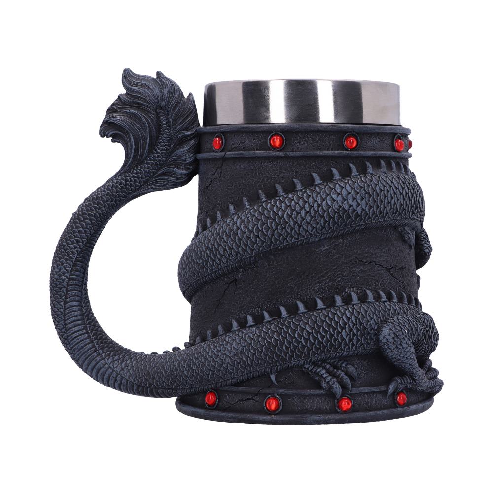Back view of the Dragon Coil Tankard showing the sculpted dragon wings, coiled body, dragon tail handle, and hand-painted resin finish.