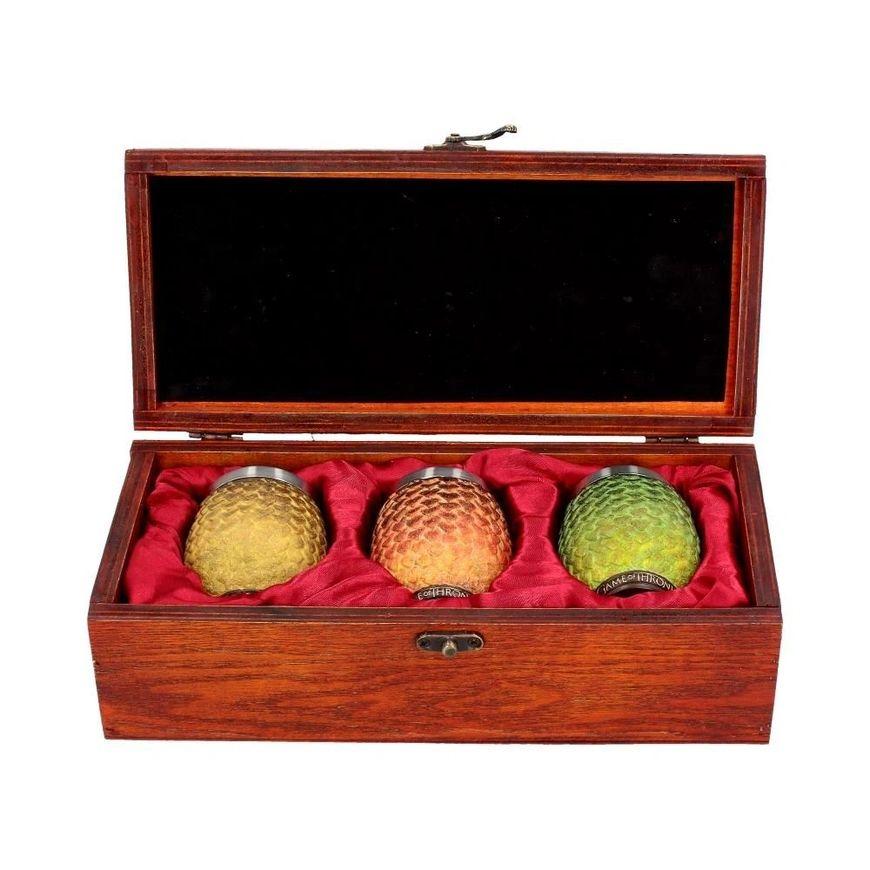 View of the Game of Thrones Dragon Egg Shot Glass Set showing the dragon egg detailing, hardwood presentation box, and hand-painted finish