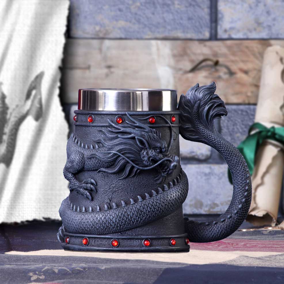 Hand-painted Dragon Coil resin Tankard 16cm on display