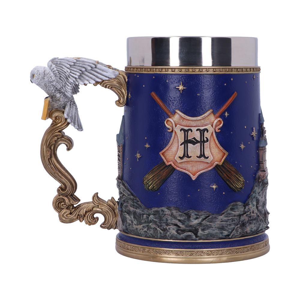 Back view of the Harry Potter Hogwarts Collectible Tankard showing the Hogwarts Castle detailing, Hedwig handle, and hand-painted resin finish.
