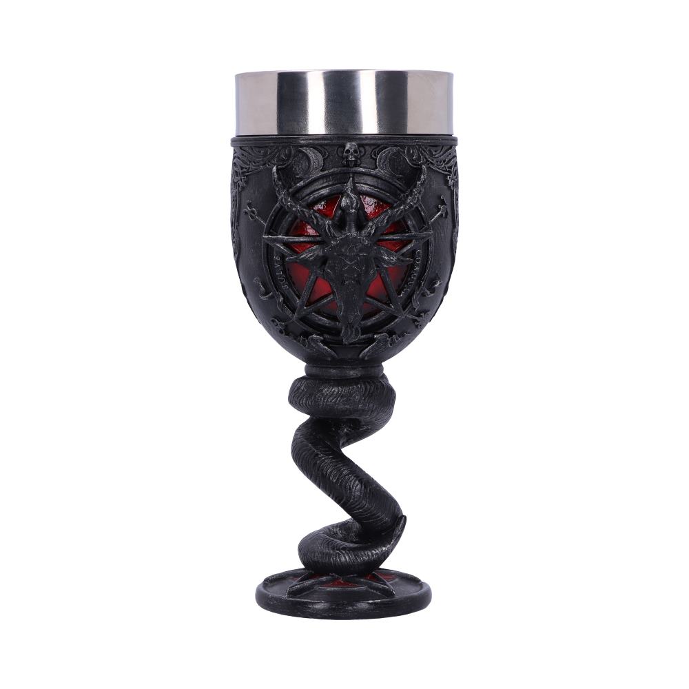 Baphomet Goblet showing the detailed gothic symbolism, sculpted horn stem, pentagram base, and hand-painted resin finish.