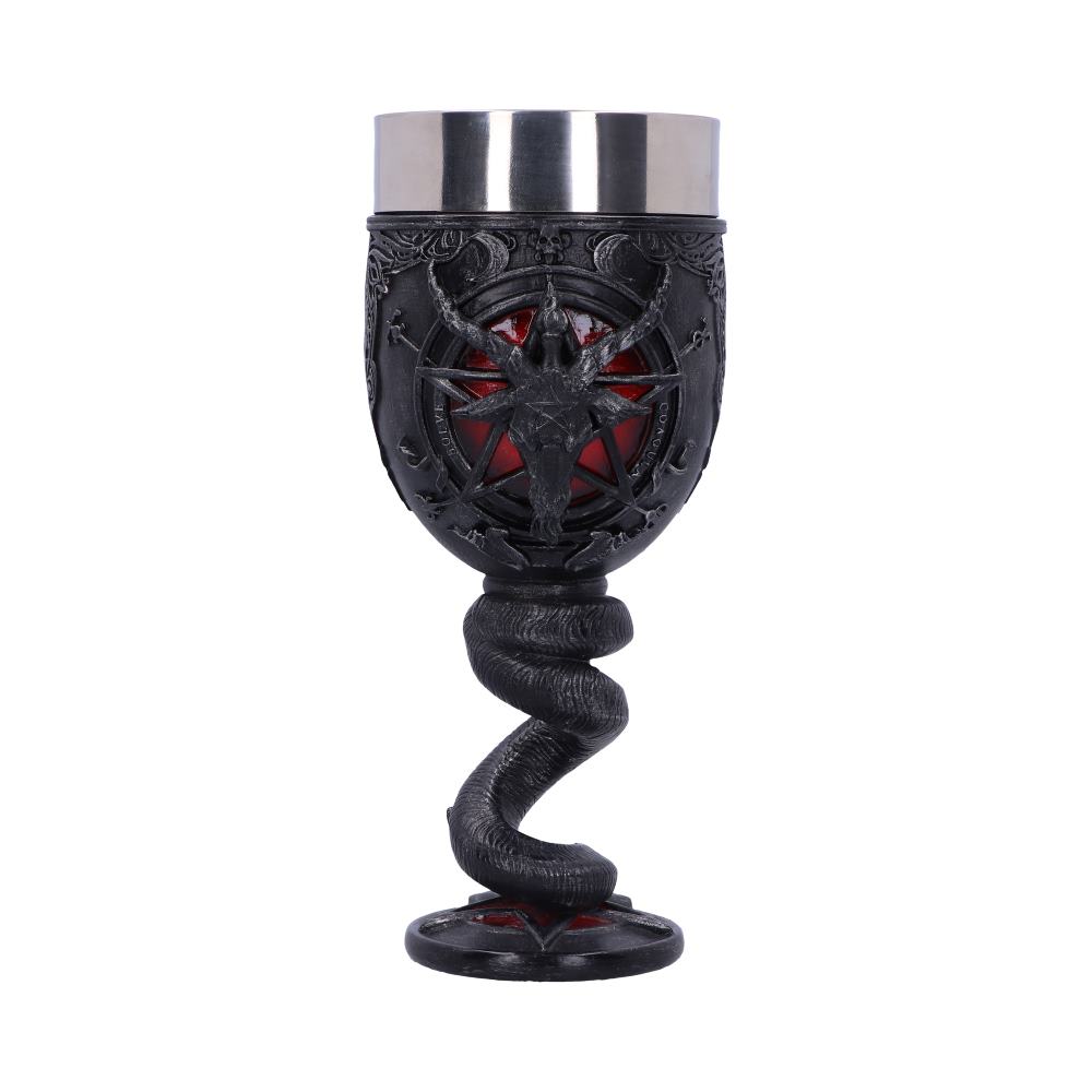 Baphomet Goblet 16cm featuring the Sabbatic Goat, pentagrams, crescent moons, King cobras, and a twisted horn stem.