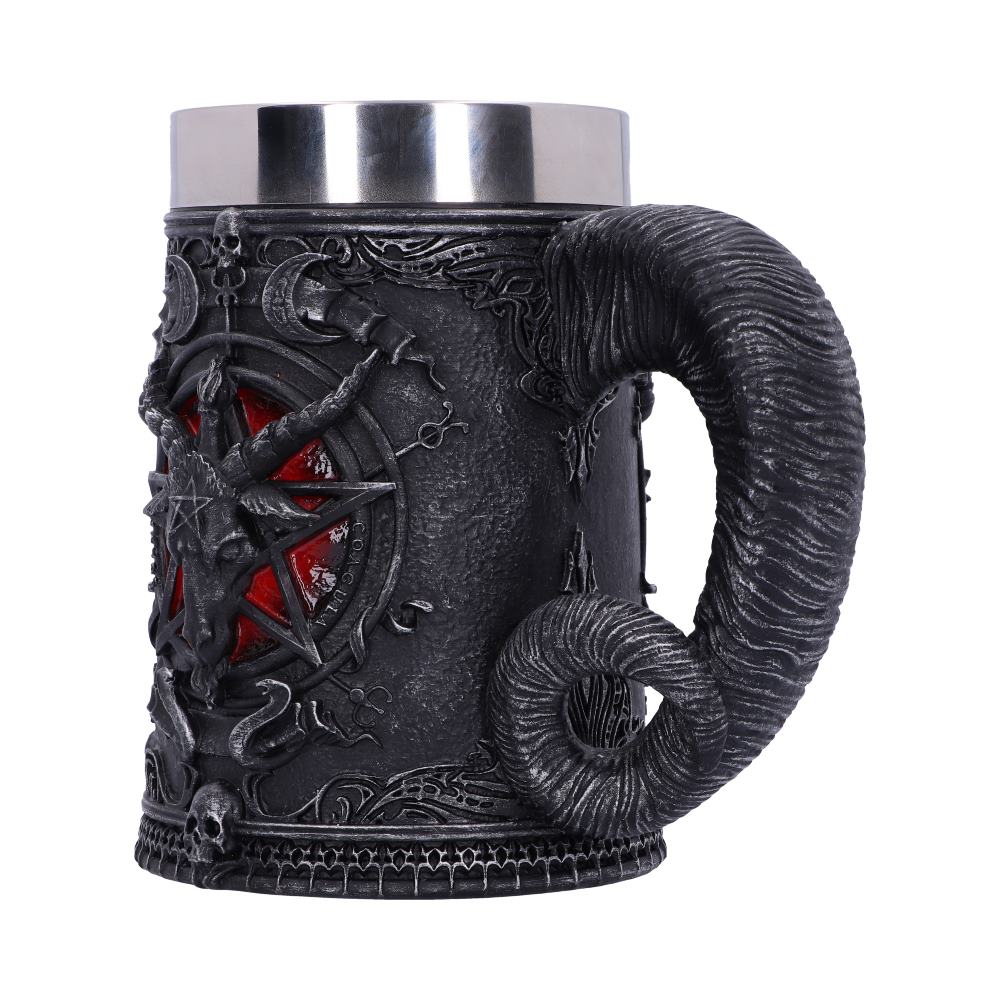 Side view of hand painted Baphomet resin Tankard