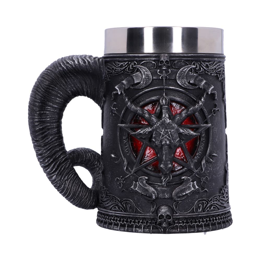 Back view of the Baphomet Tankard showing the raised pentagram, King cobra detailing, twisted goat horn handle, and hand-painted resin finish.