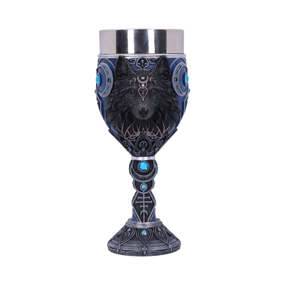 Back view of the Wolf Moon Goblet showing the engraved moon phases, ornamental detailing, and hand-painted resin finish.