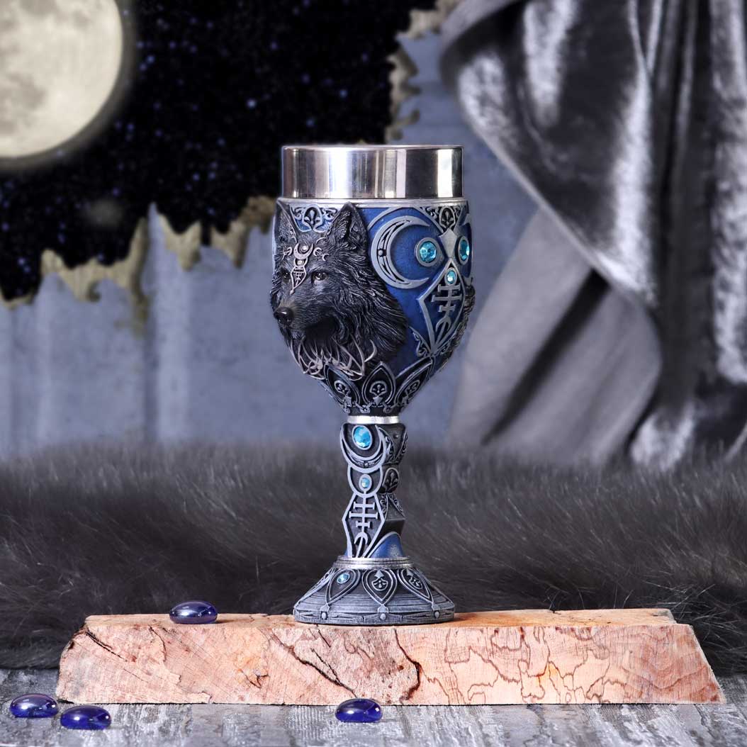 Wolf Moon Goblet 19.5cm, Hand-painted wolf goblet with lunar phases on display
