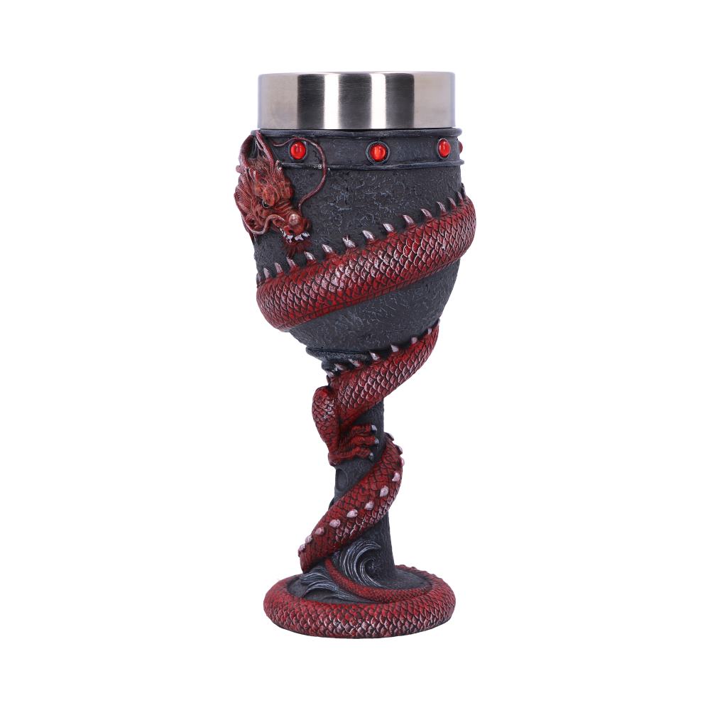 Side view of hand painted Dragon Coil Goblet Red