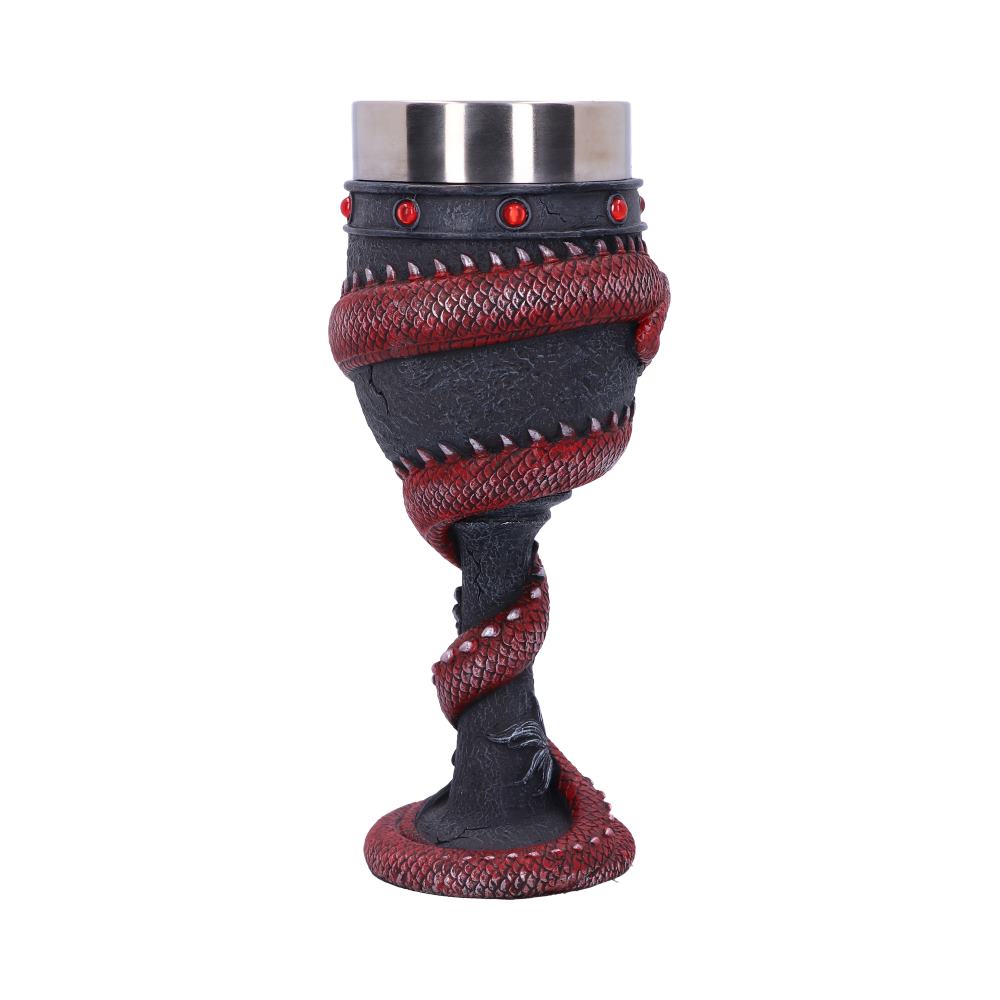 Back view of the Dragon Coil Goblet Red showing the coiled dragon, sculpted scales, red jewel accents, and hand-painted resin finish.
