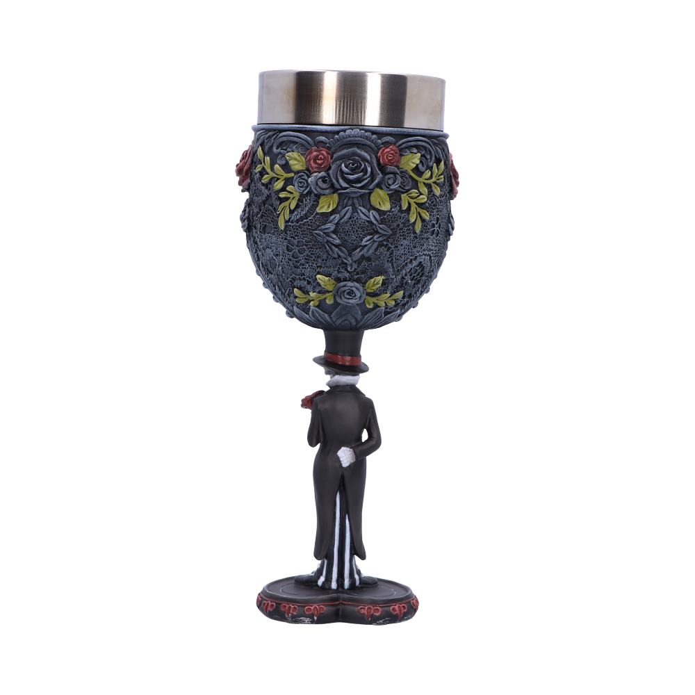 Back view of the Mr Goblet showing the skeletal groom, ornate floral detailing, decorative scrollwork, and hand-painted resin finish.