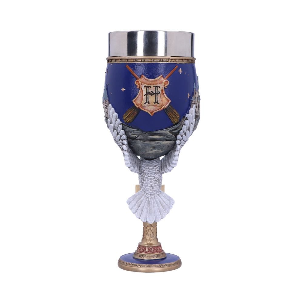 Back view of the Harry Potter Hogwarts Collectible Goblet showing Hogwarts Castle detailing, Hedwig on the stem, and the hand-painted resin finish.
