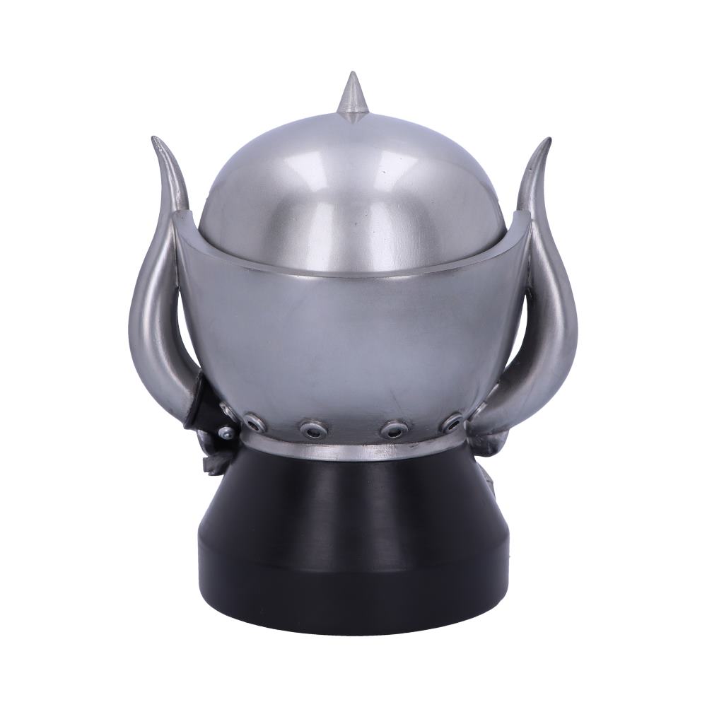 Back view of the Motörhead Warpig Box showing the detailed sculpting, removable helmet lid, and hand-painted resin finish.