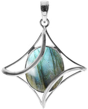 Load image into Gallery viewer, Curved Diamond Shaped Encased Oval Labradorite Pendant
