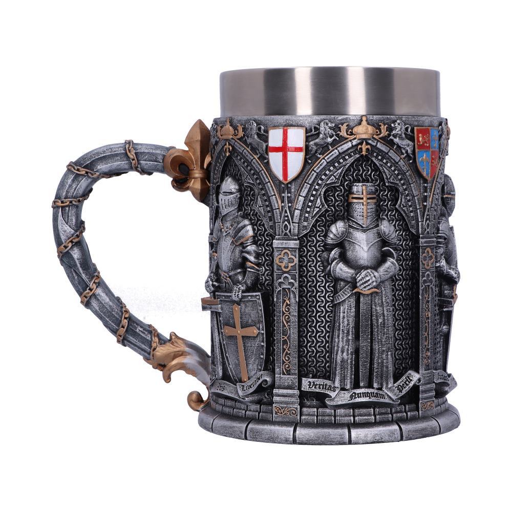 Back view of The Vow Tankard showing the sculpted medieval knights, Gothic arches, decorative chain handle, and hand-painted metallic resin finish.
