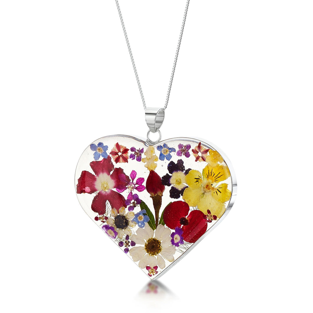 Sterling Silver Mixed Flower Heart Necklace