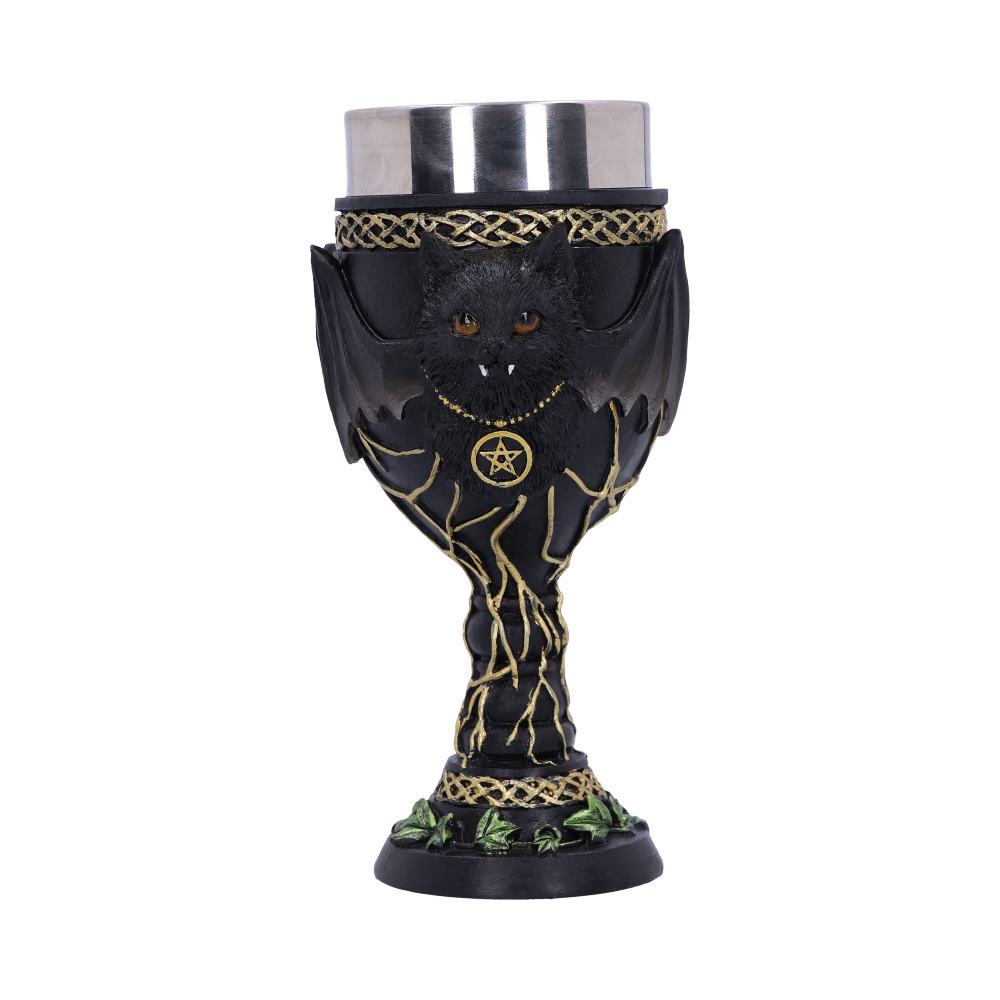 Back view of the Feline Fang Goblet showing the sculpted bat wings, ivy detailing, and hand-painted resin finish.